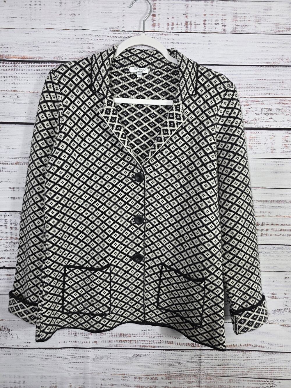 Gio & Gio Made in Italy Women's knit Cardigan Sweater Blk White Diamond Size M